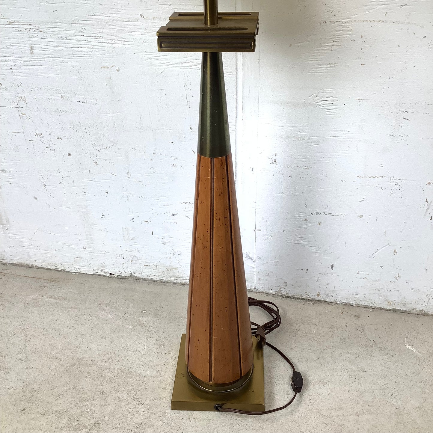 Vintage Mid Century Modern Walnut and Brass Table Lamp with Large Drum Shade