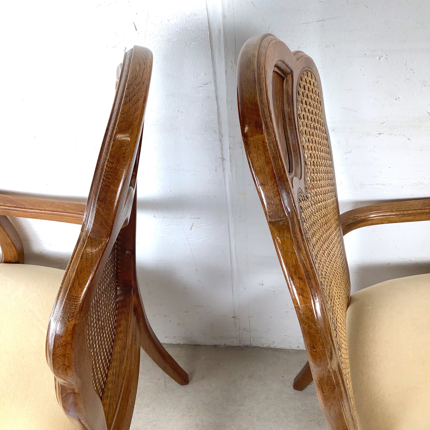 Pair of Vintage Provincial High-Back Cane Armchairs — Walnut, Burlwood Crest, 1970s