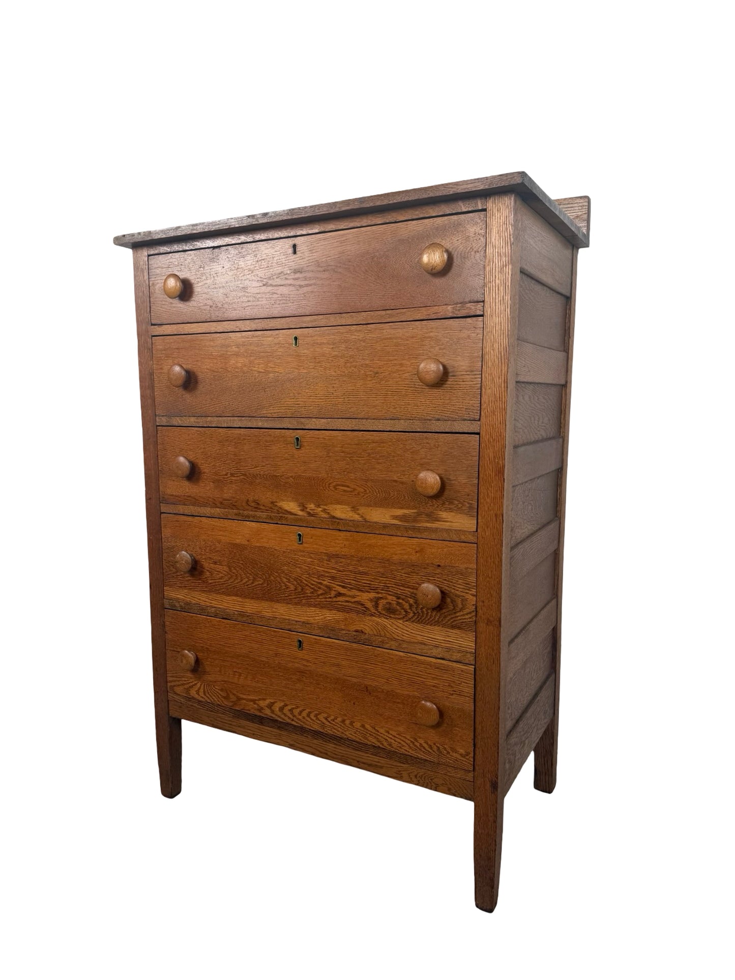 Antique Early 1900s Oak Five-Drawer Tall Chest of Drawers