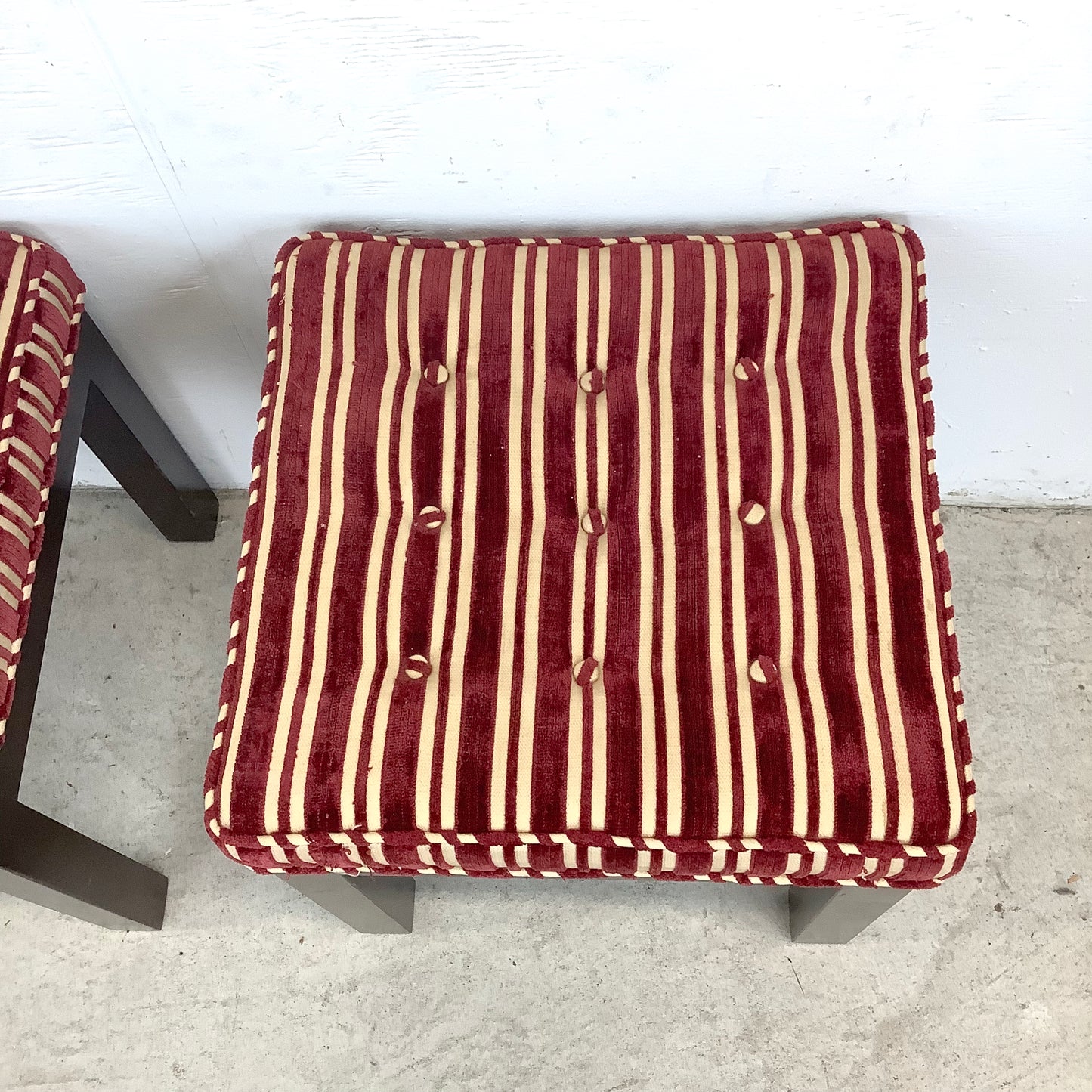 Pair of Vintage Mid-Century Tufted Footstools with Striped Fabric