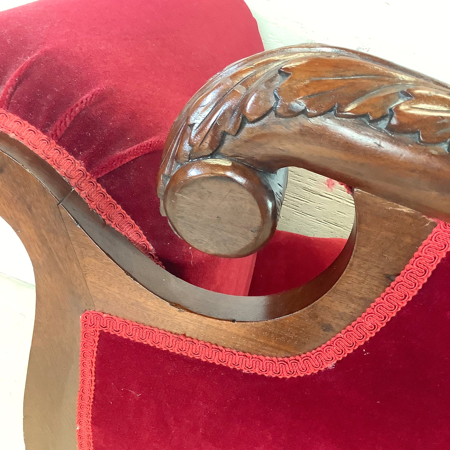 Antique American Empire Revival Mahogany Settee | Scroll Arms Sofa| Carved Paw Feet | Crimson Velvet