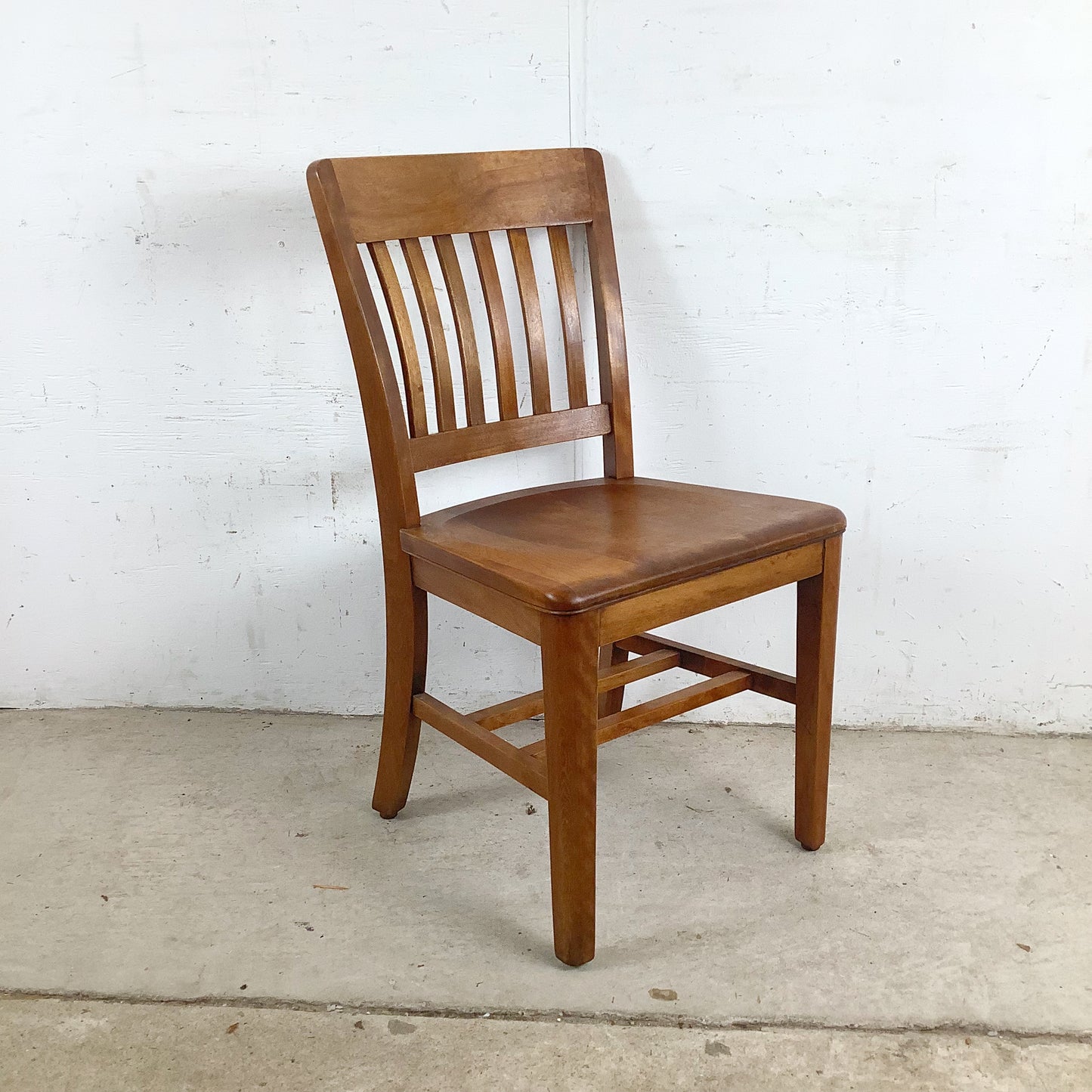 Vintage American Schoolhouse Chair — Solid Wood Slat Back, Saddle Seat