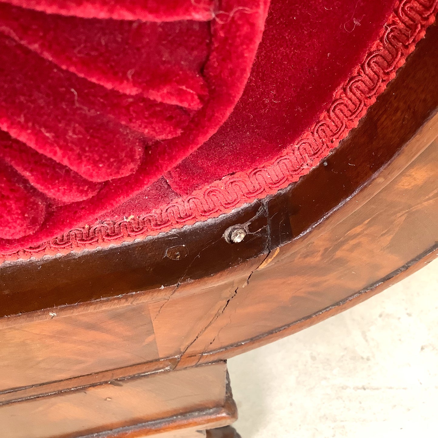 Antique American Empire Revival Mahogany Settee | Scroll Arms Sofa| Carved Paw Feet | Crimson Velvet