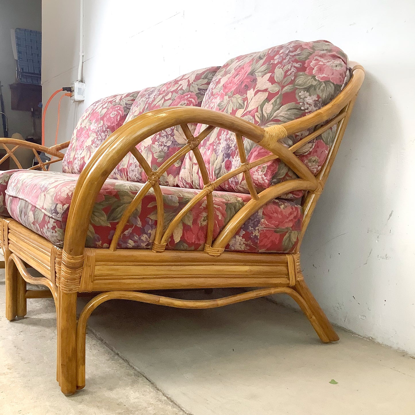 Vintage Architectural Boho Modern Rattan Sofa