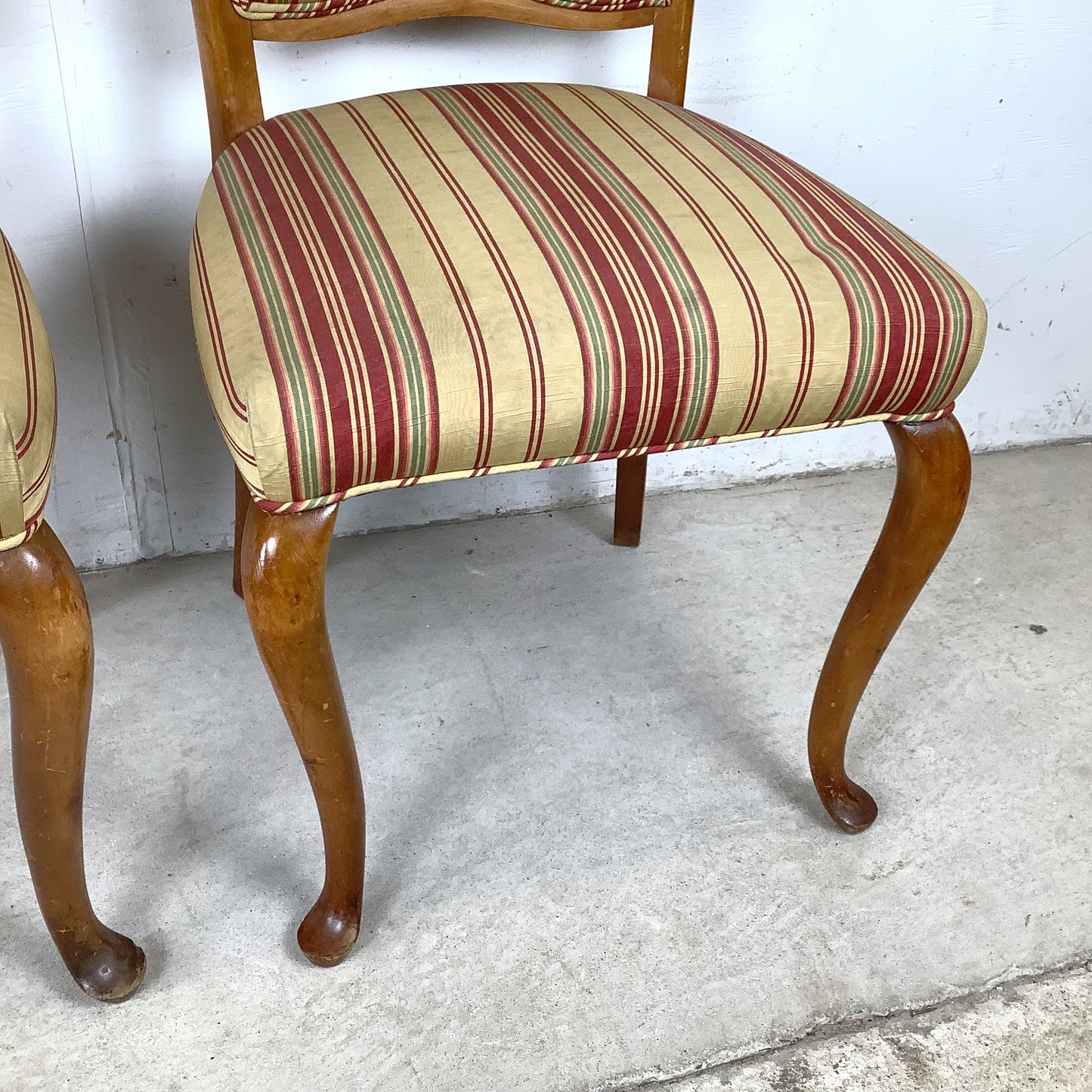Queen Anne Dining Side Chairs — Set of Four | Walnut Cabriole Legs | Burgundy Stripe Upholstery