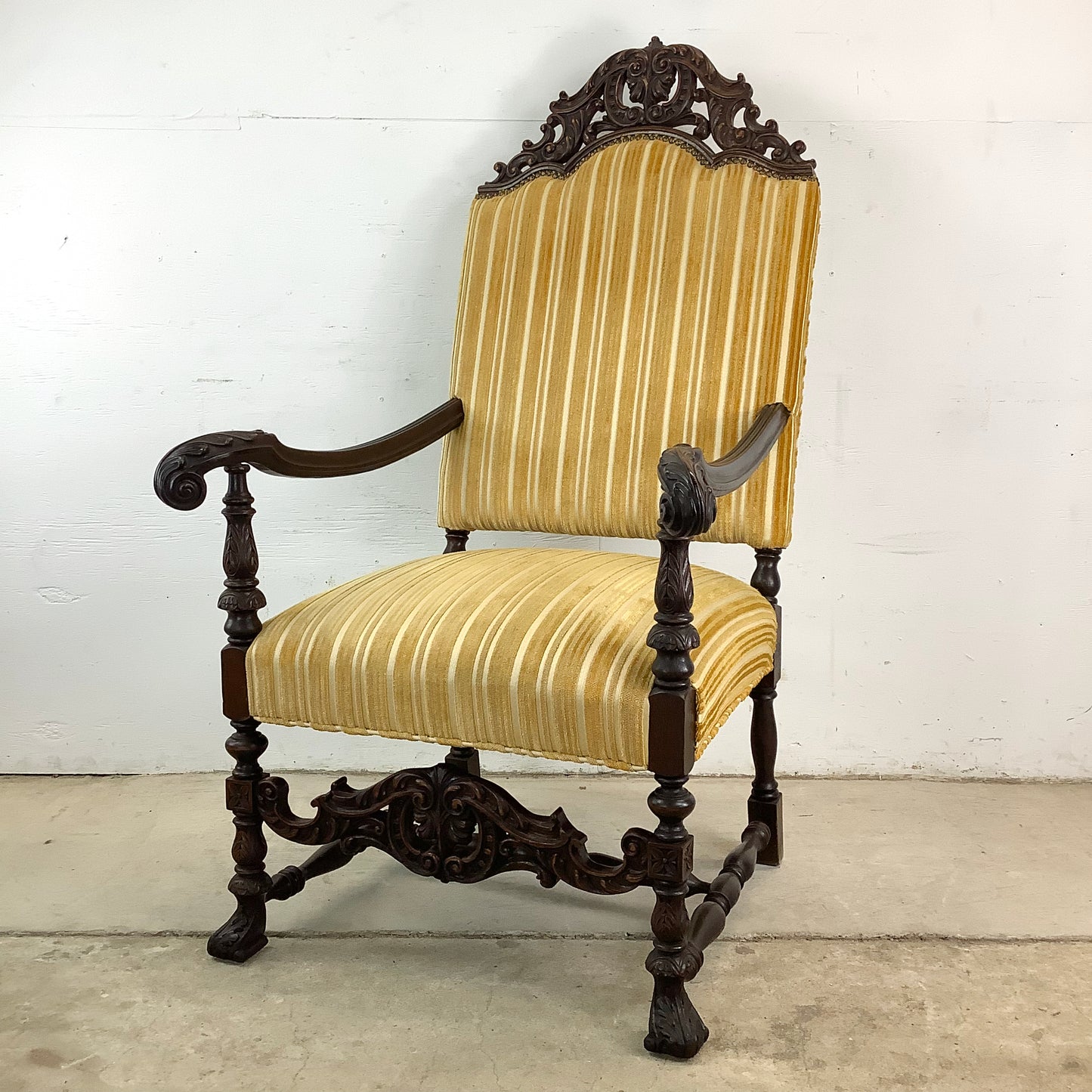 Grand Louis XIV-Style Throne Chair with Striped Fabric
