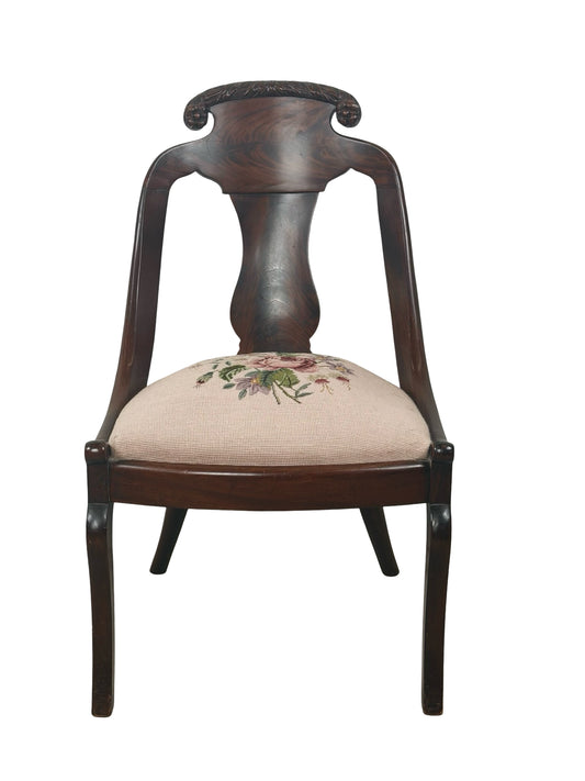 Antique Federal Style Carved Wood Side Chair with Floral Needlepoint Seat