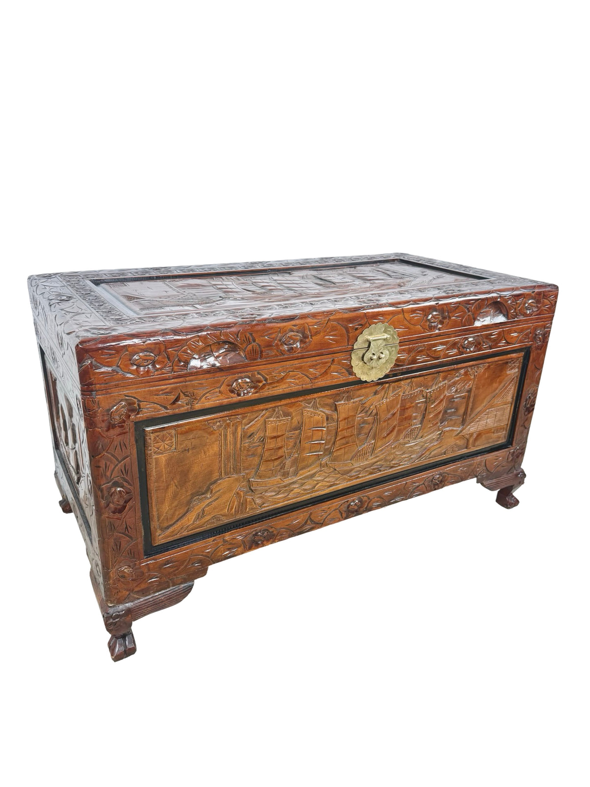 Vintage Asian Carved Wood Storage Chest with Figural Relief Carvings