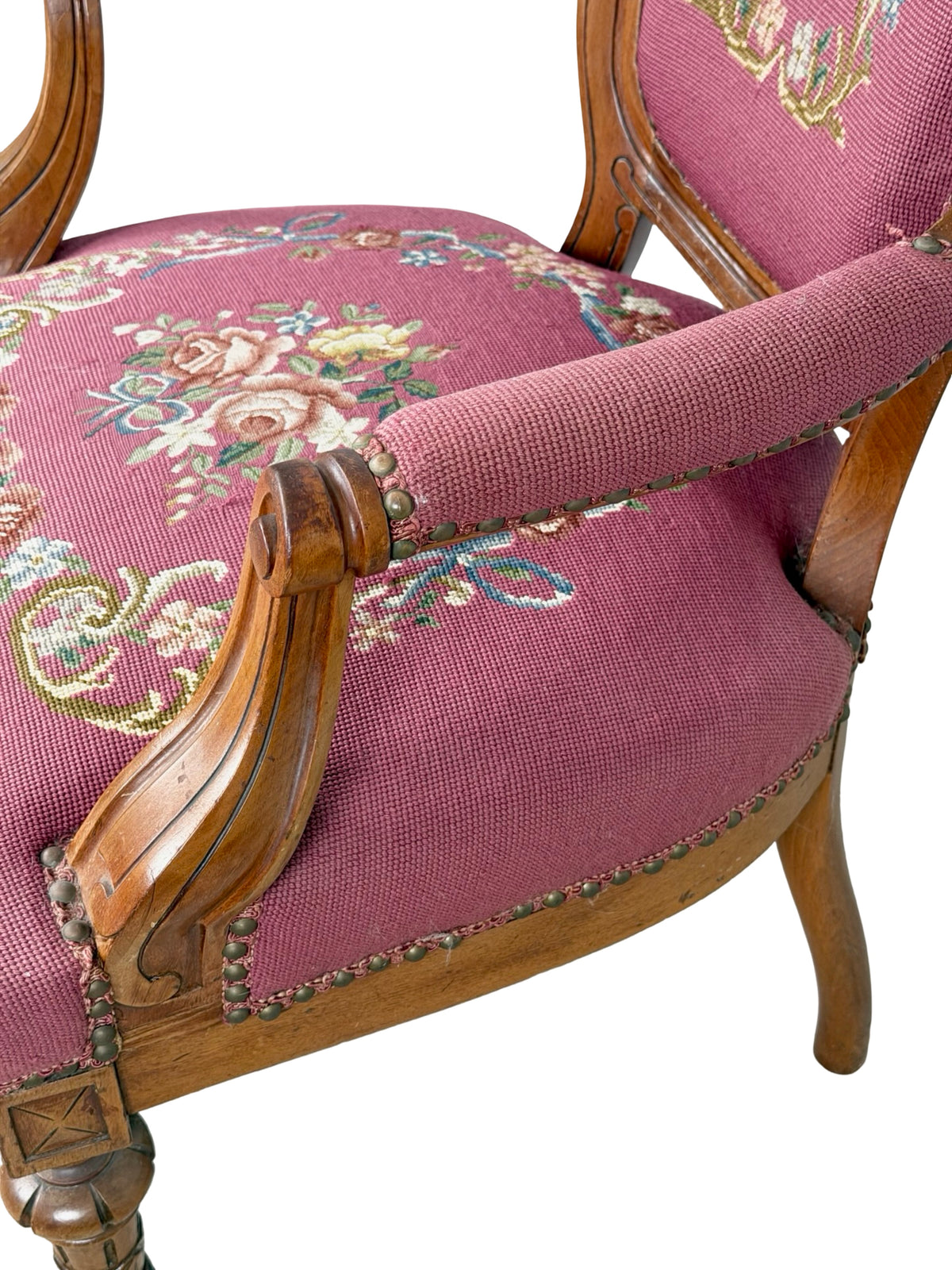 Vintage Renaissance Revival Carved Armchair with Burgundy Floral Upholstery