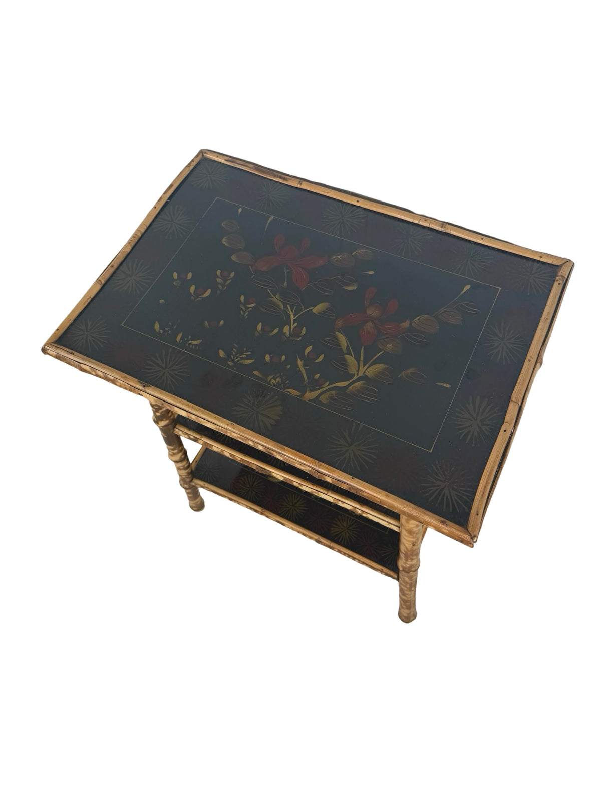 Antique Victorian Aesthetic Movement Tiger Bamboo Three-Tier Side Table with Floral Shelves