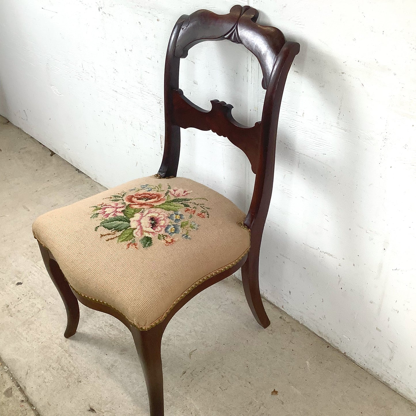  Vintage Chippendale Style Mahogany Side Chair with Floral Needlepoint Upholstered Seat