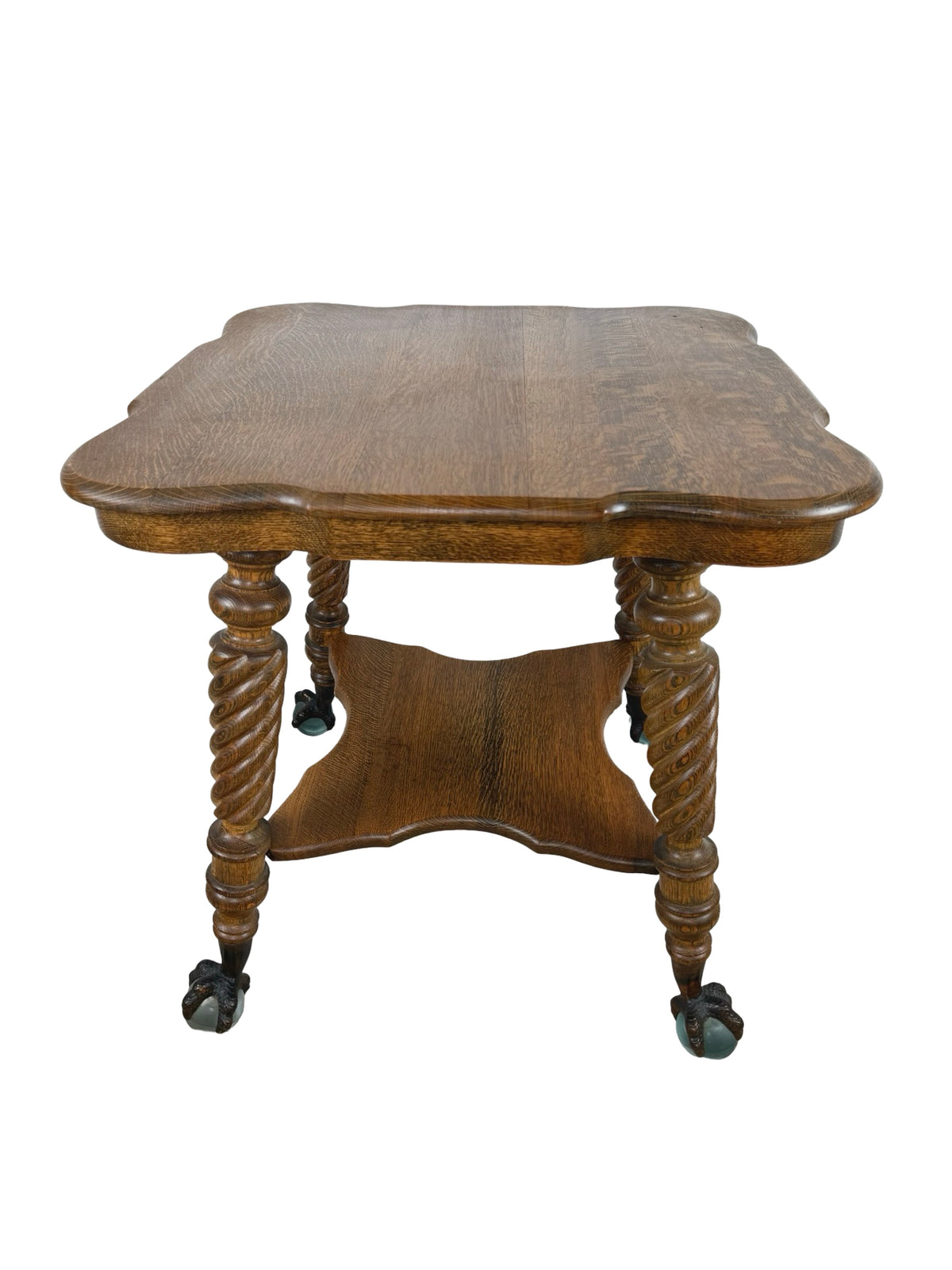 Early 20th Century Tiger Oak Barley Twist Table with Ball & Claw Feet