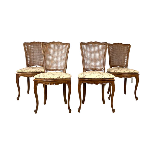 Set of Four Vintage French Provincial Cane Back Dining Chairs | Louis XV Style | Walnut | c. 1960s–1970s