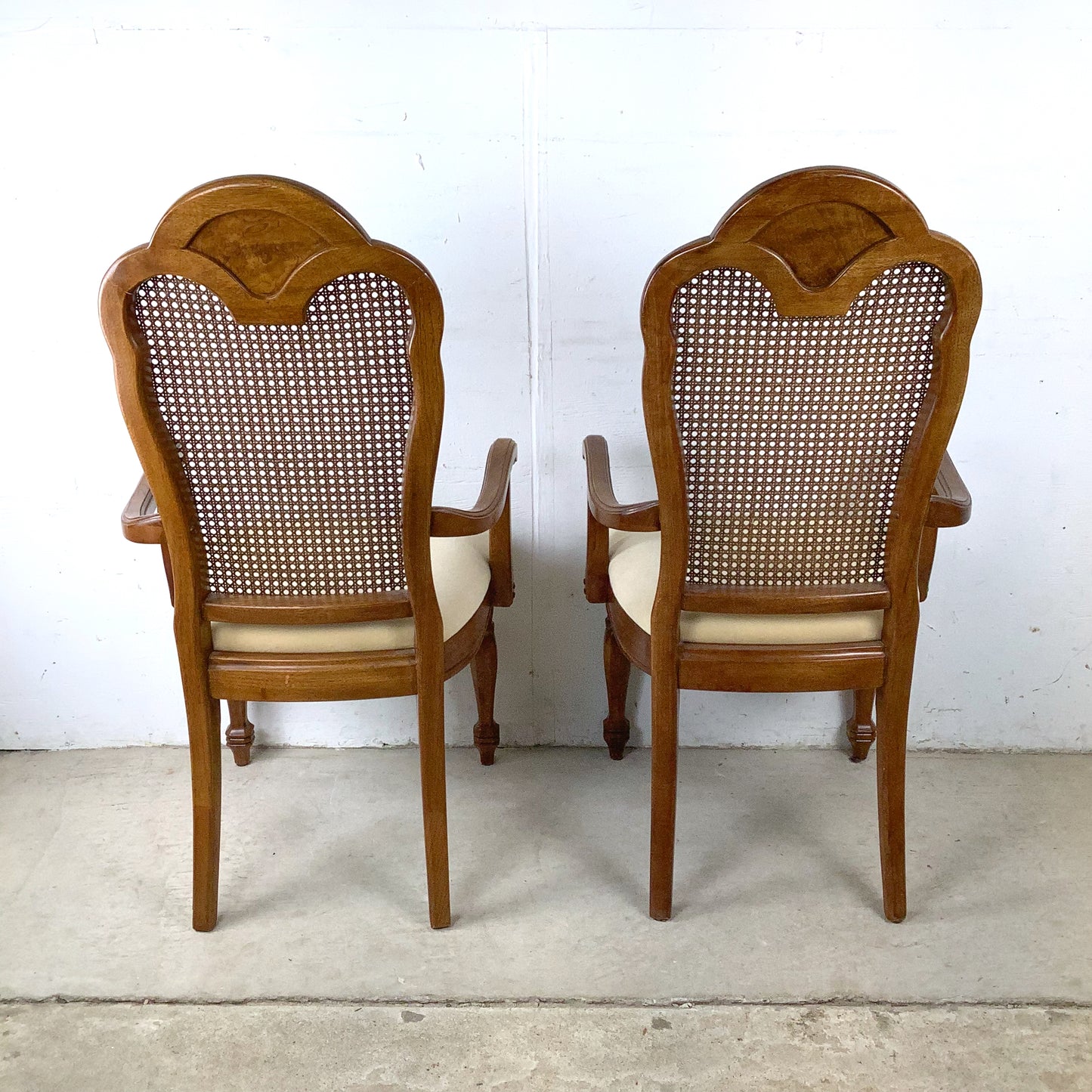 Pair of Vintage Provincial High-Back Cane Armchairs — Walnut, Burlwood Crest, 1970s