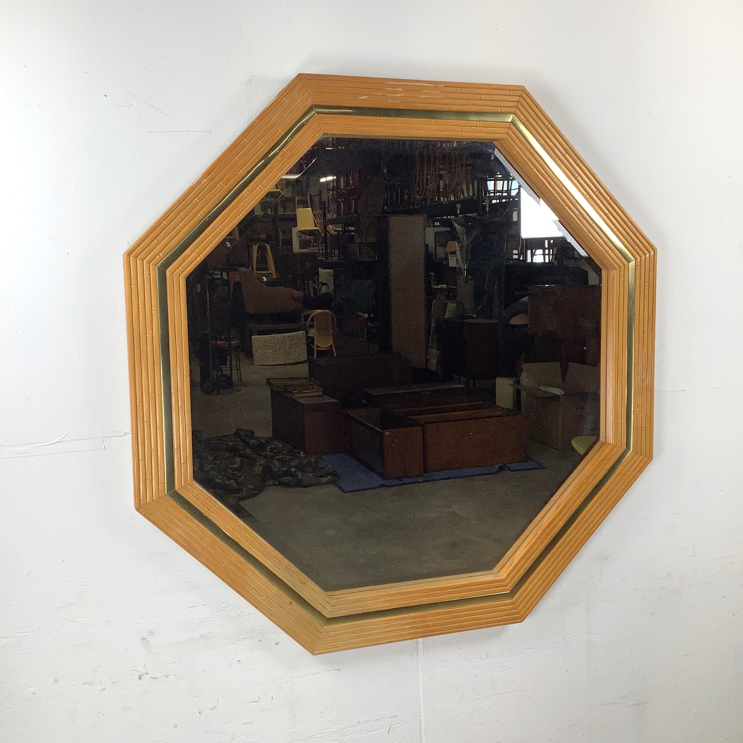 Vintage Modern Boho Octagonal Mirror with Faux Bamboo Wood Frame