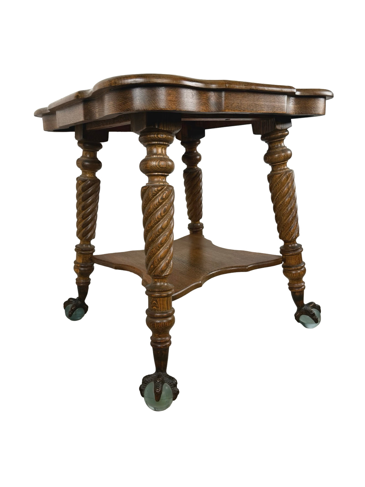 Early 20th Century Tiger Oak Barley Twist Table with Ball & Claw Feet
