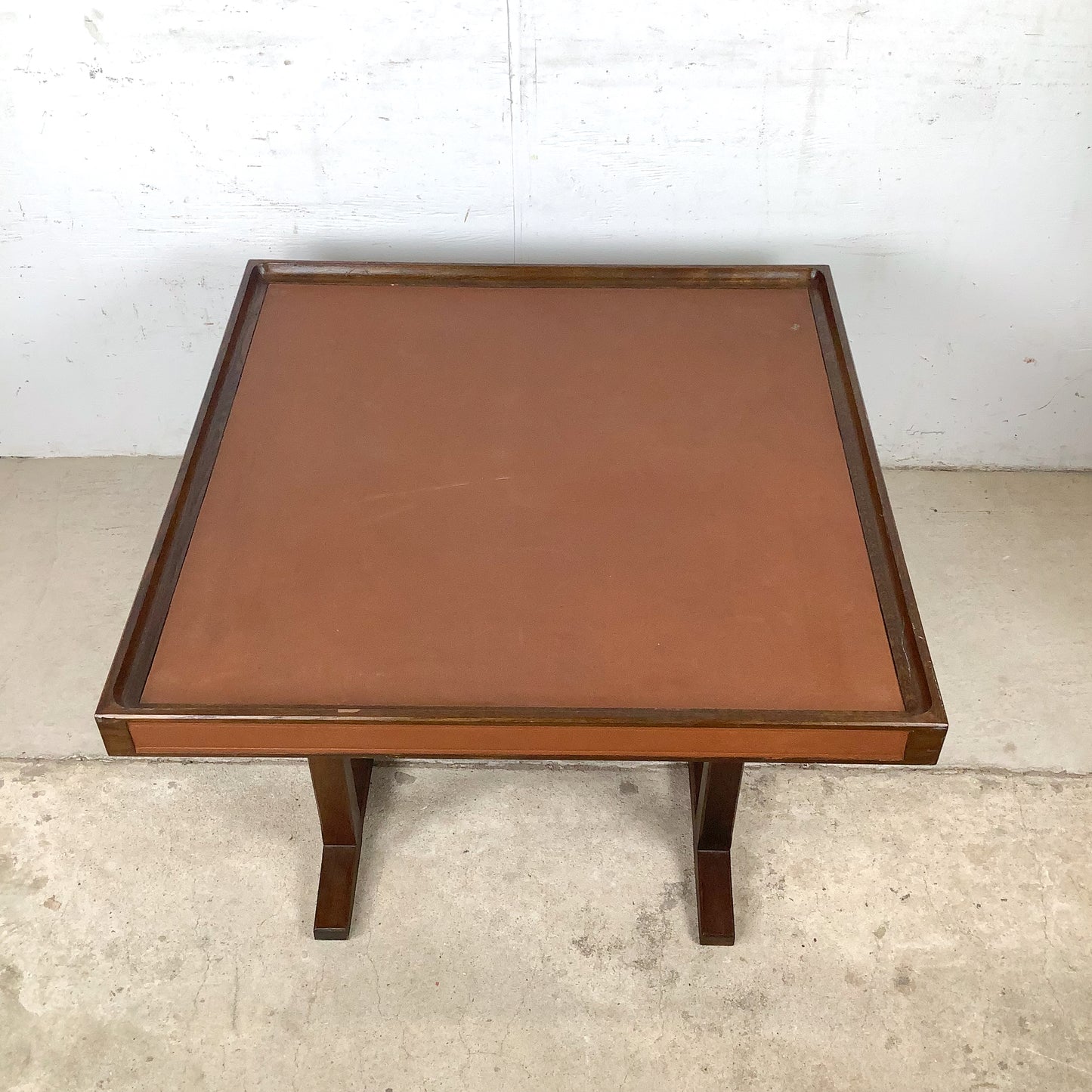 Vintage Studio-Made Square End Table, Leather Top, Architectural Trestle Base, Mid-Century