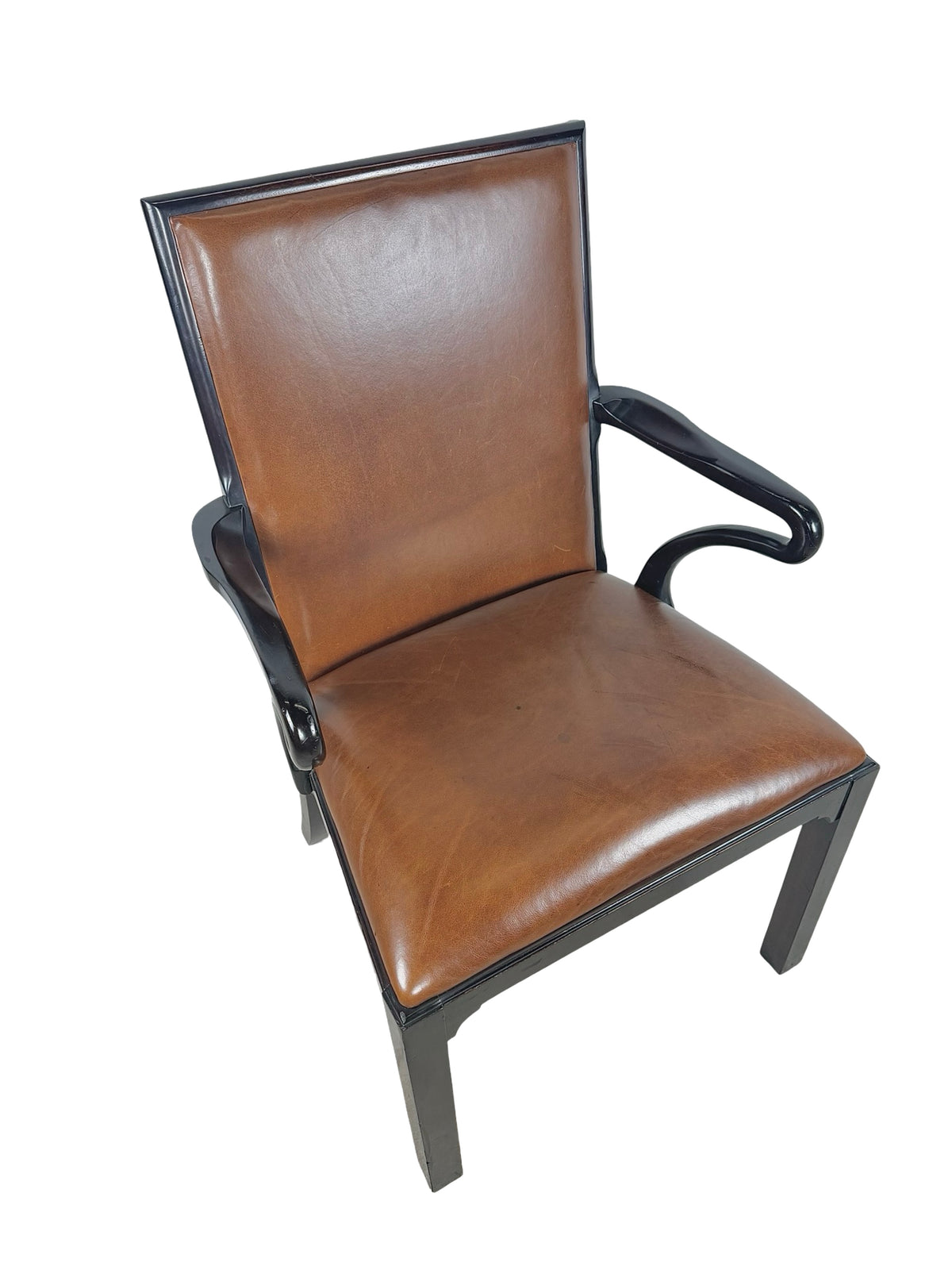 Vintage Baker Furniture Brown Leather & Ebonized Wood Armchair