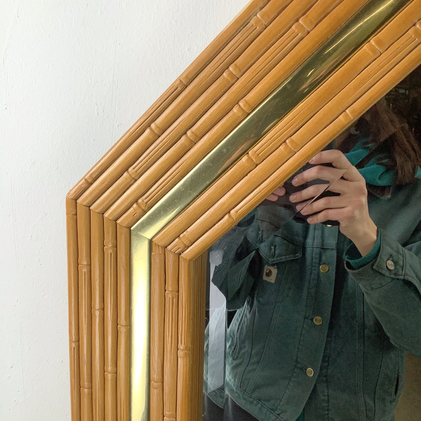 Vintage Modern Boho Octagonal Mirror with Faux Bamboo Wood Frame