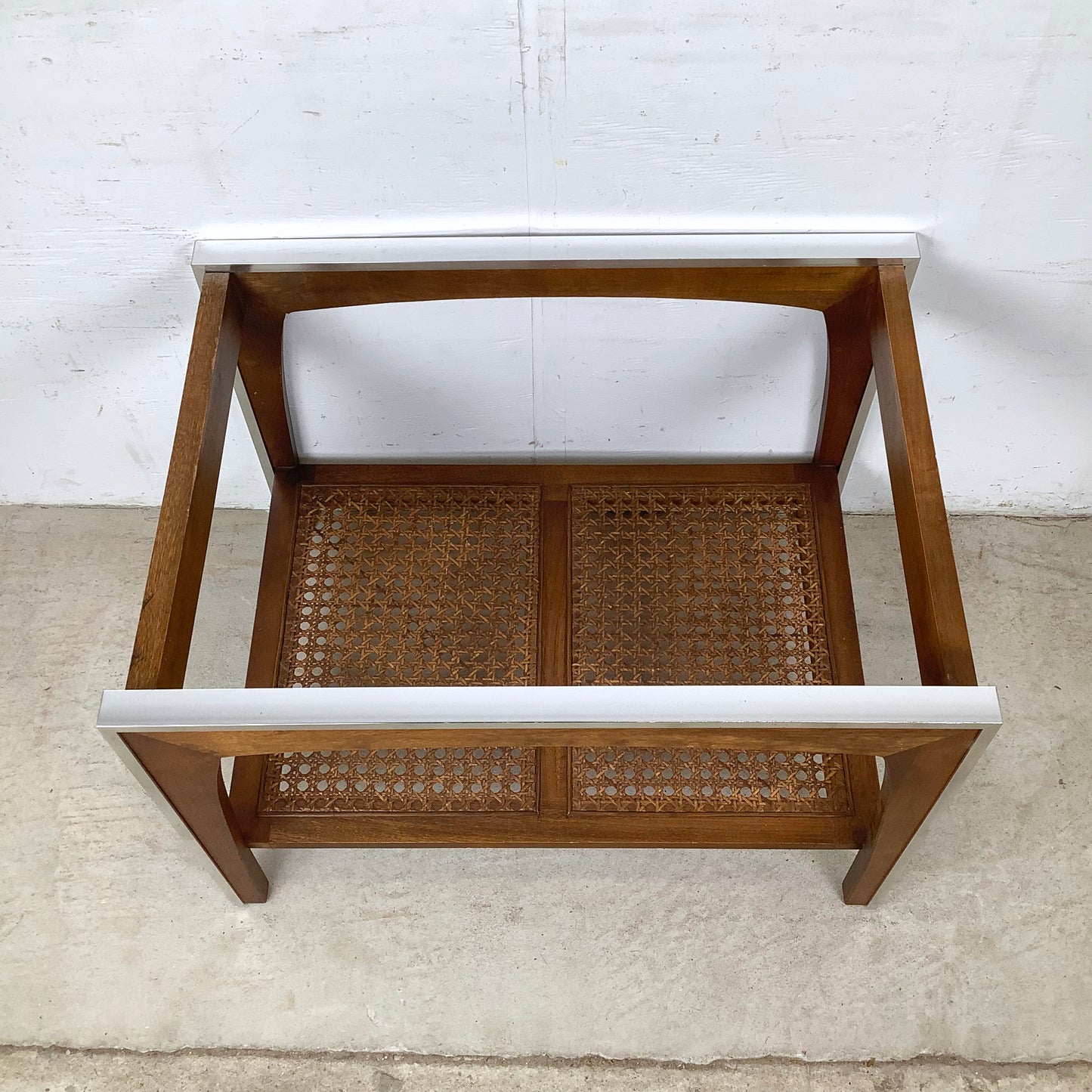 Lane Mid-Century End Table with Smoked Glass, Cane, and Wood Frame