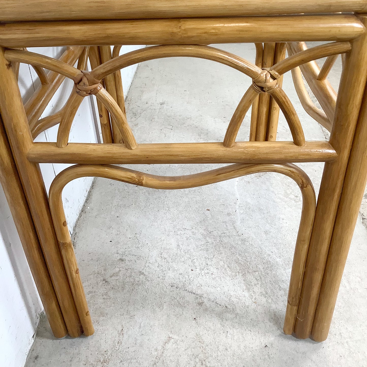 Vintage Bent Rattan Side Table with Inset Glass Top — Arch Apron, circa 1970s–1980s