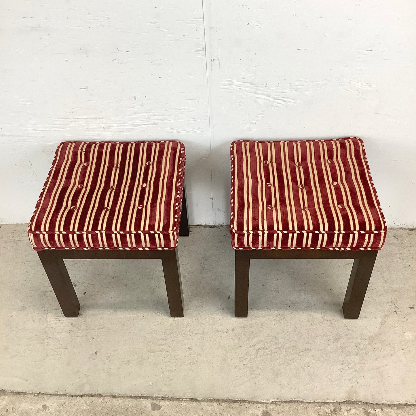 Pair of Vintage Mid-Century Tufted Footstools with Striped Fabric