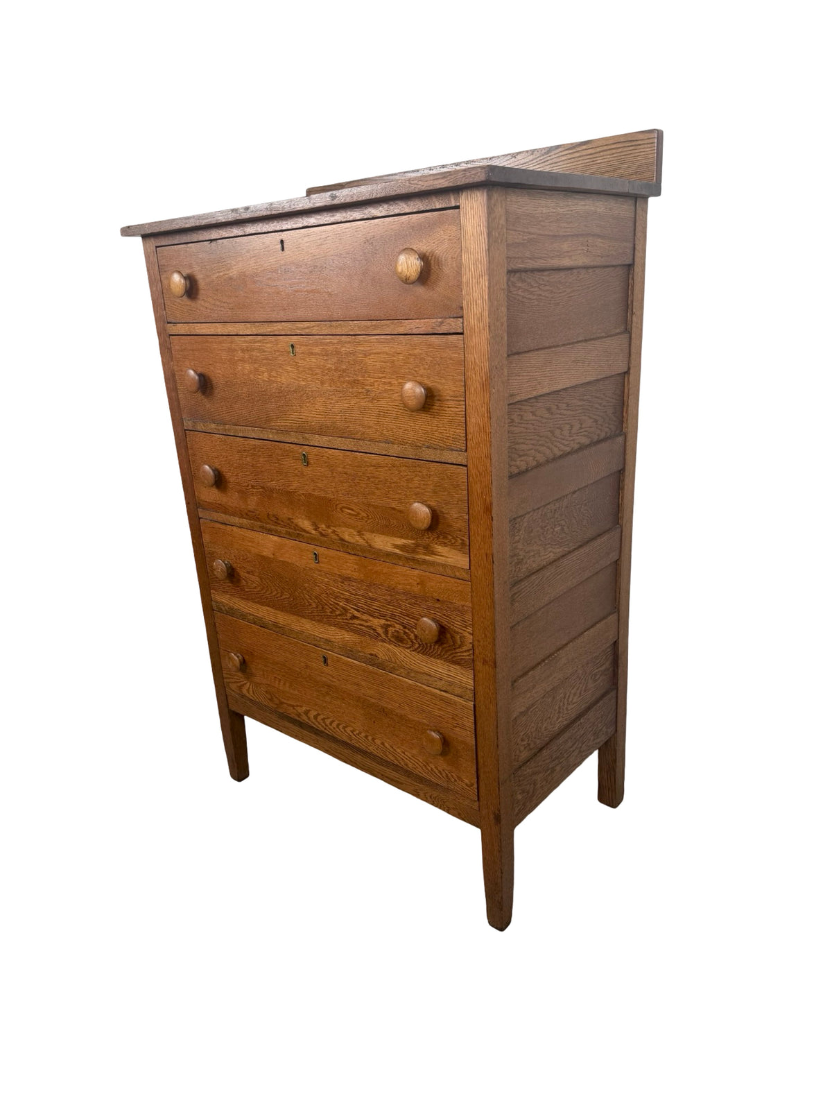 Antique Early 1900s Oak Five-Drawer Tall Chest of Drawers