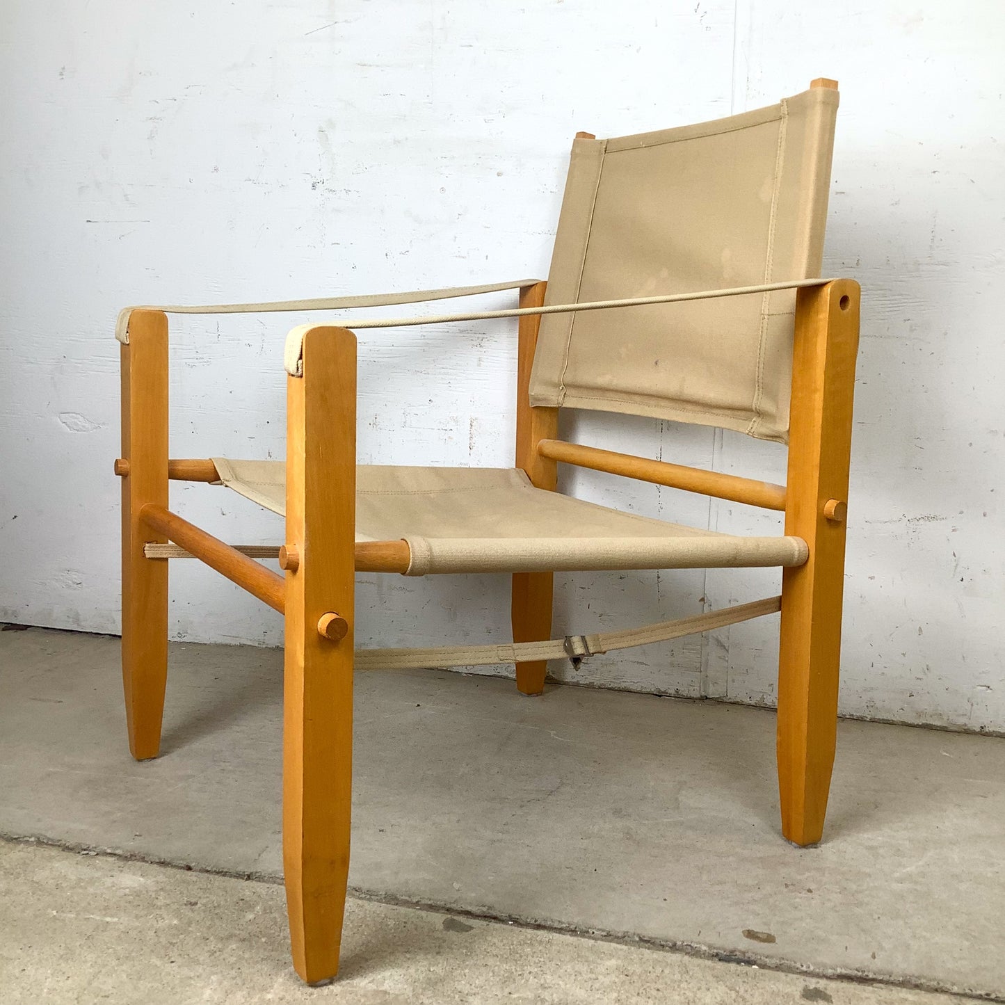 Vintage Scandinavian Style Safari Campaign Lounge Chair with Natural Canvas Sling