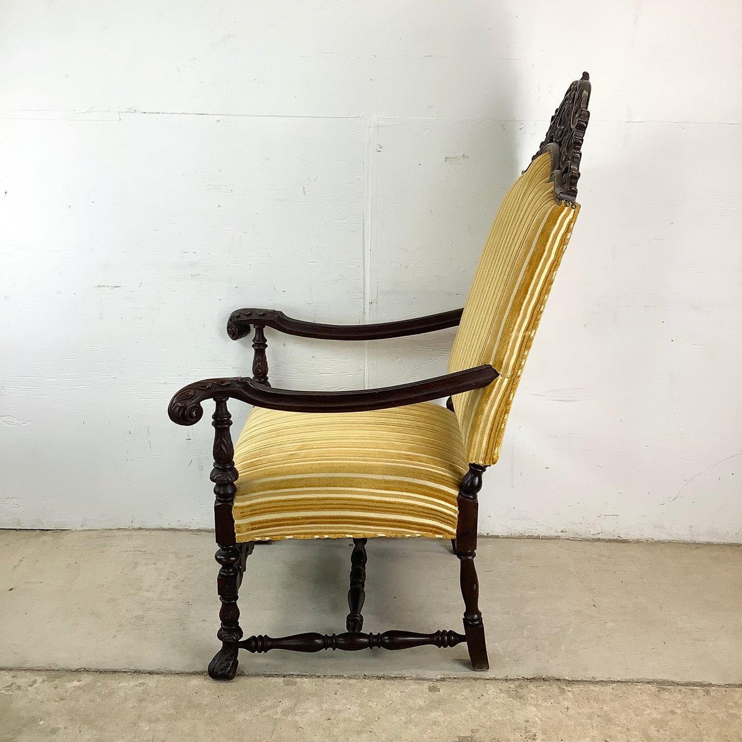 Grand Louis XIV-Style Throne Chair with Striped Fabric