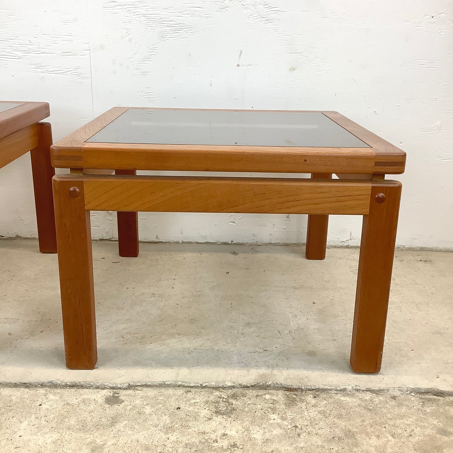 Danish Modern Teak End Tables With Smoked Glass- Pair