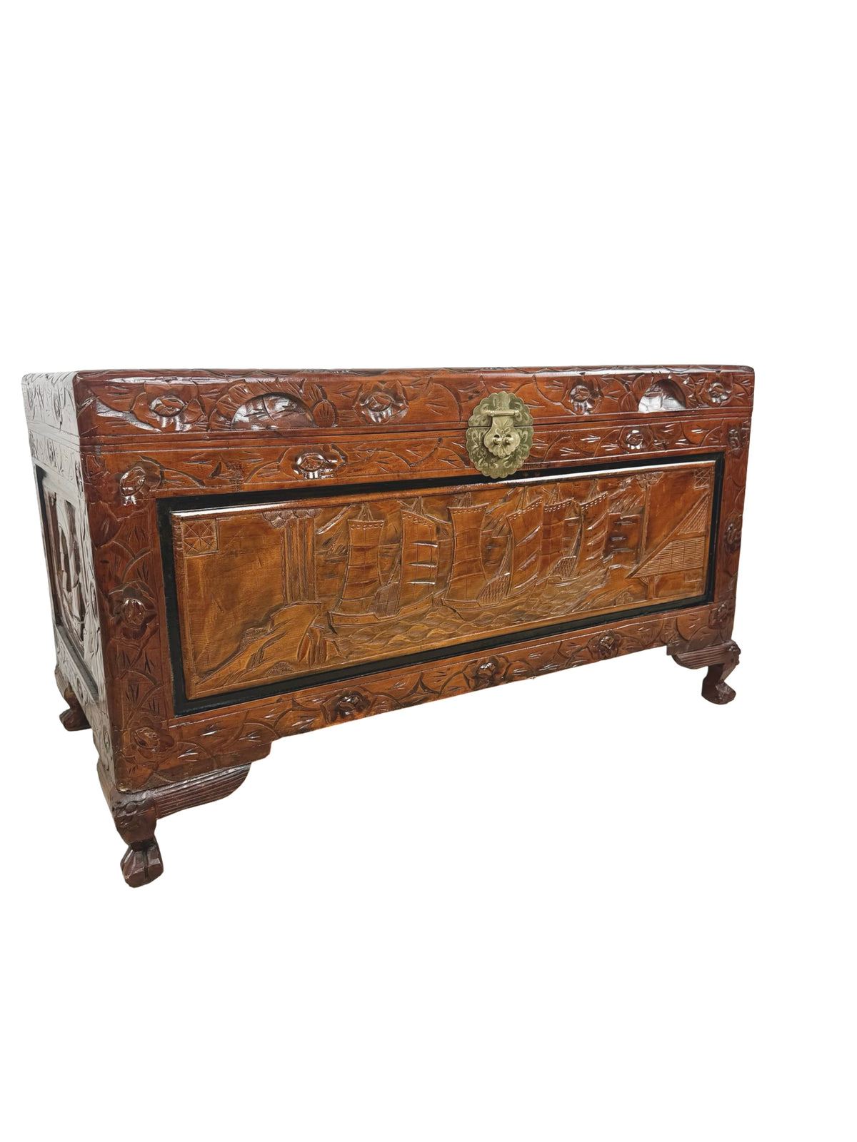 Vintage Asian Carved Wood Storage Chest with Figural Relief Carvings