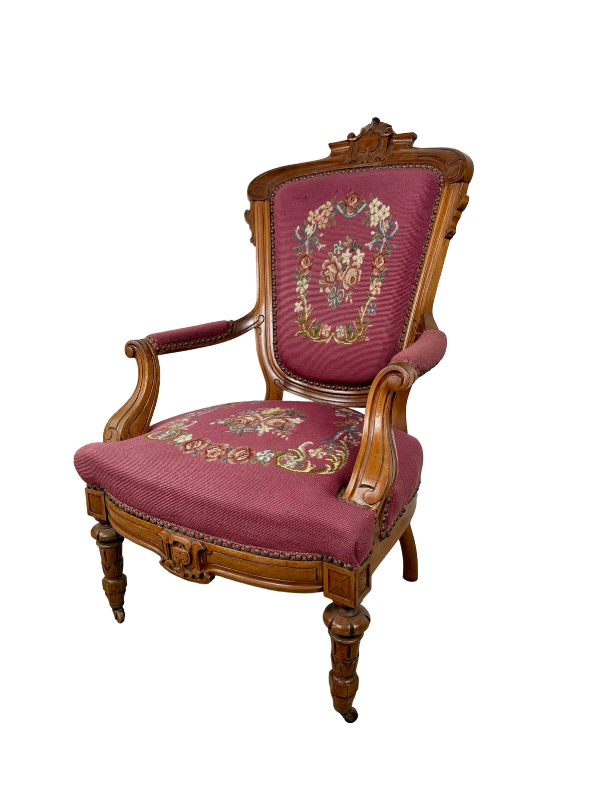 Vintage Renaissance Revival Carved Armchair with Burgundy Floral Upholstery