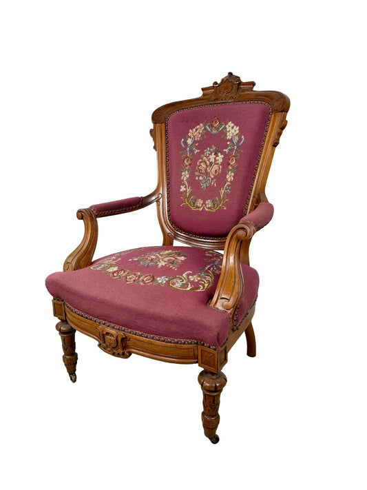 Vintage Renaissance Revival Carved Armchair with Burgundy Floral Upholstery