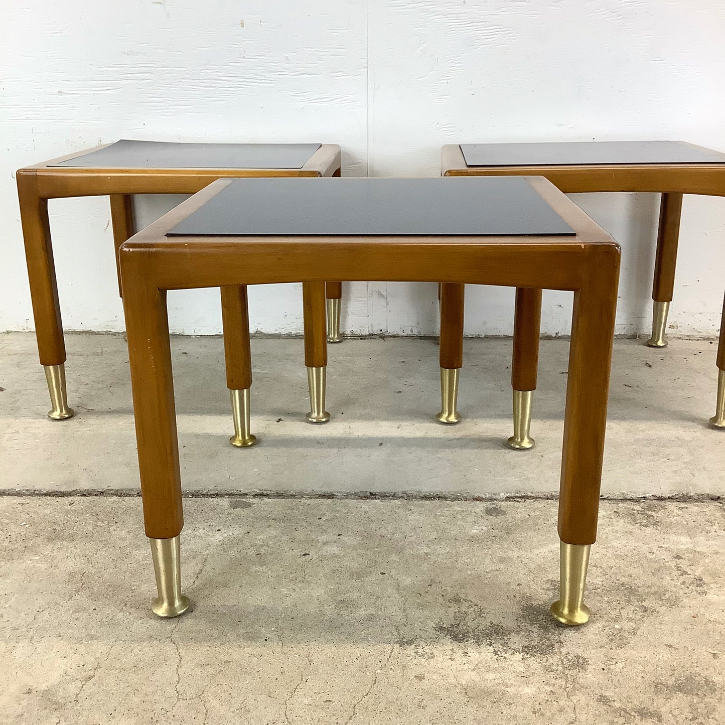 Mid-Century Modern Walnut Nesting Tables with Black Tops