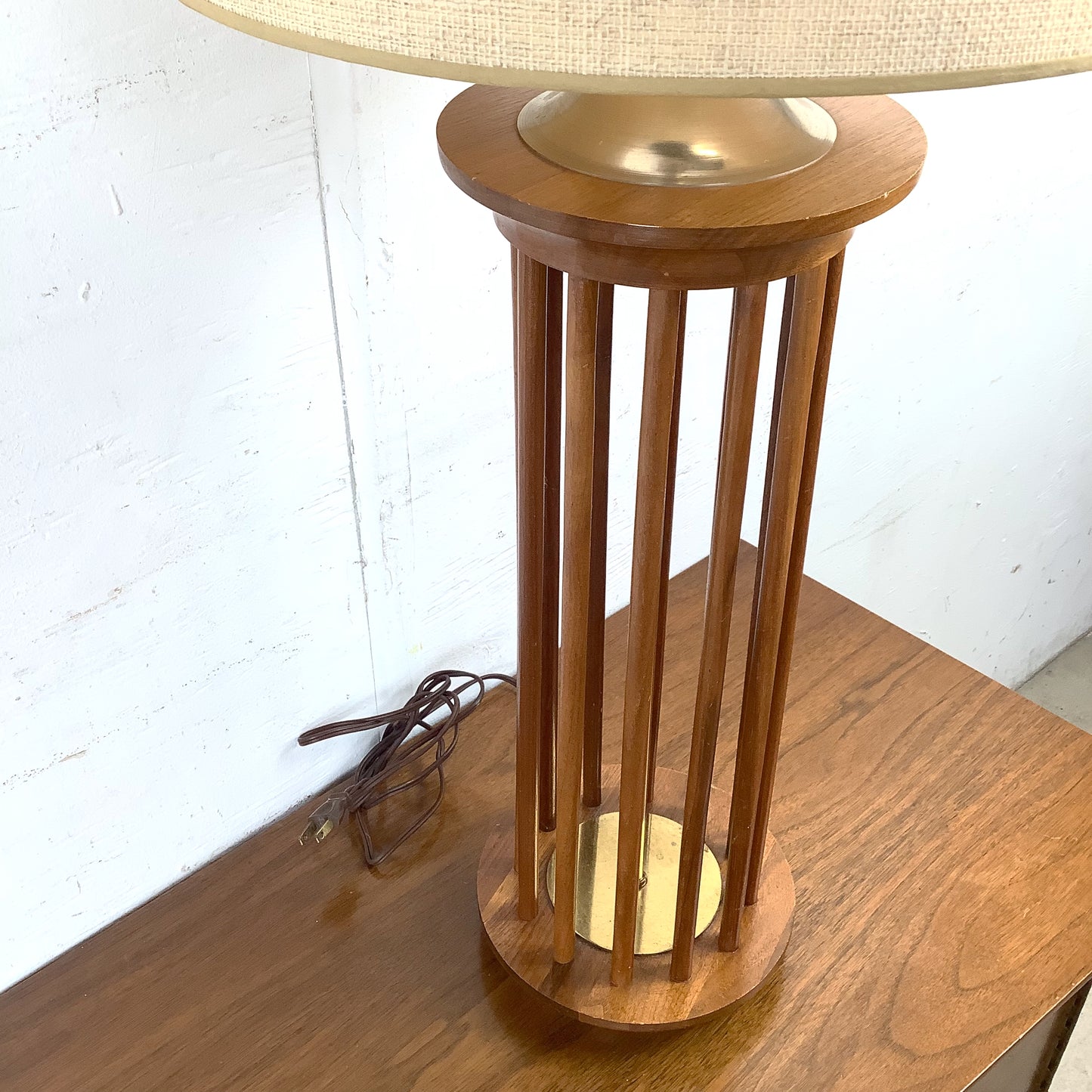 Vintage Mid-Century Walnut Dowel Table Lamp with Linen Drum Shade