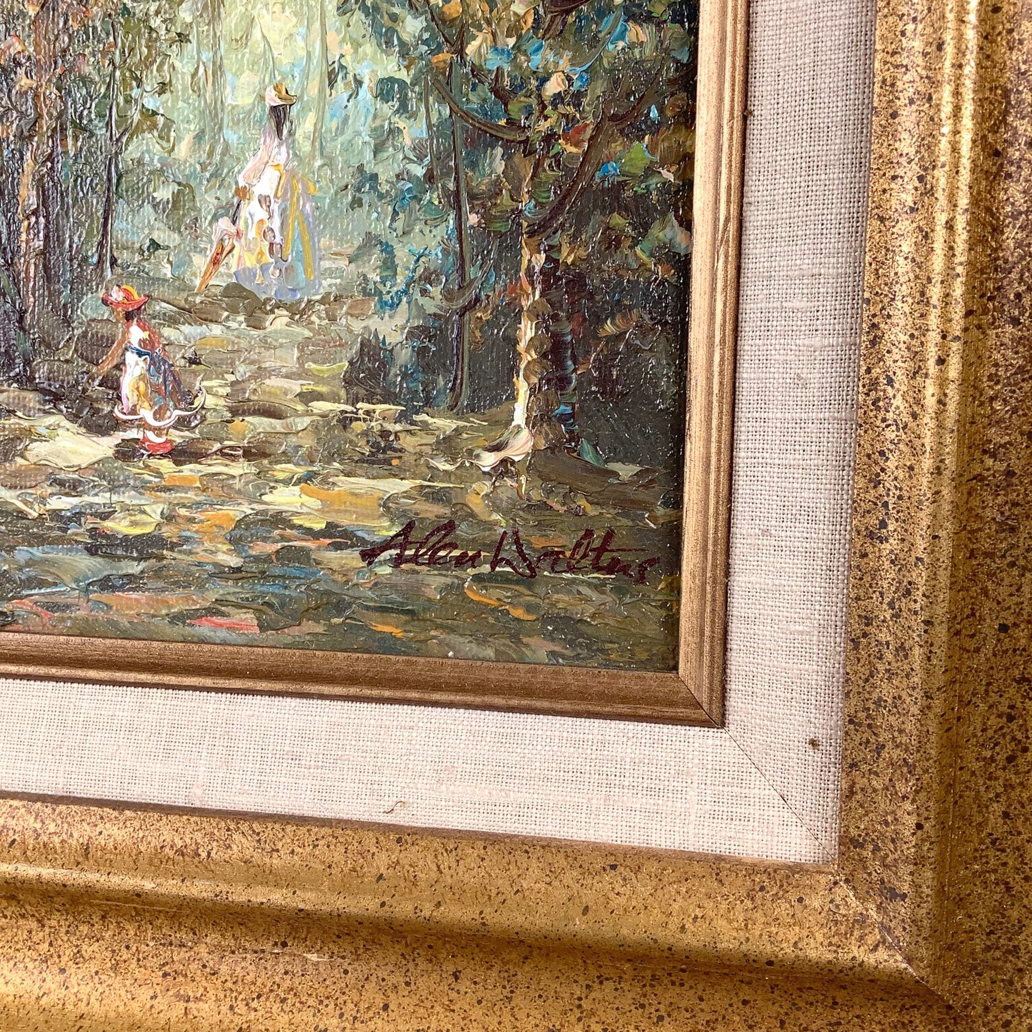 European Impressionist Revival Oil Painting with Figures, Signed and Framed