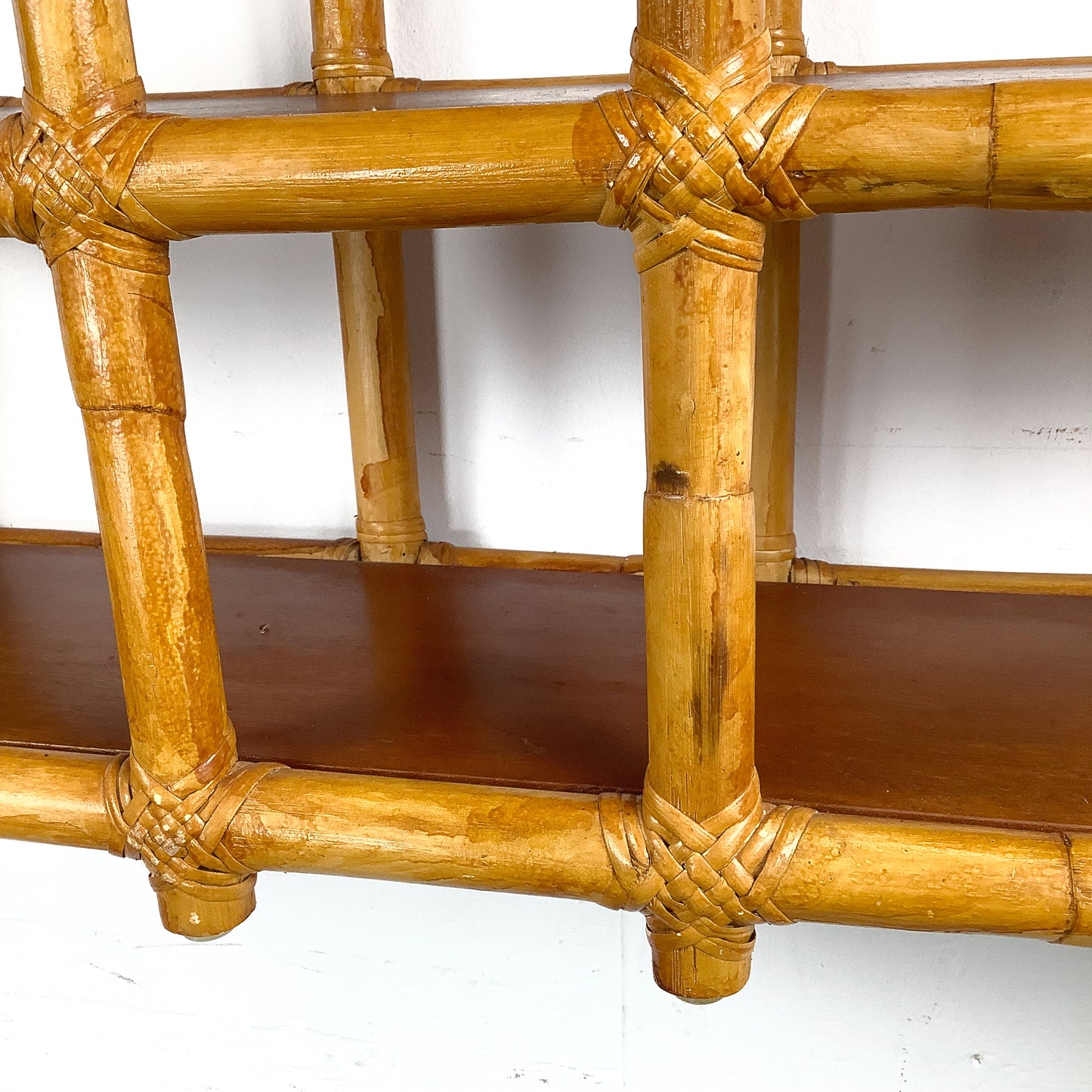 Vintage Bamboo & Rattan Stepped Hanging Wall Shelf | Paul Frankl Skyscraper Style | 1970s Boho Tropical