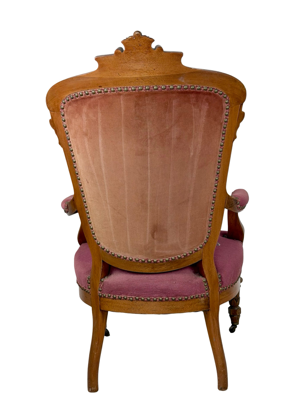 Vintage Renaissance Revival Carved Armchair with Burgundy Floral Upholstery