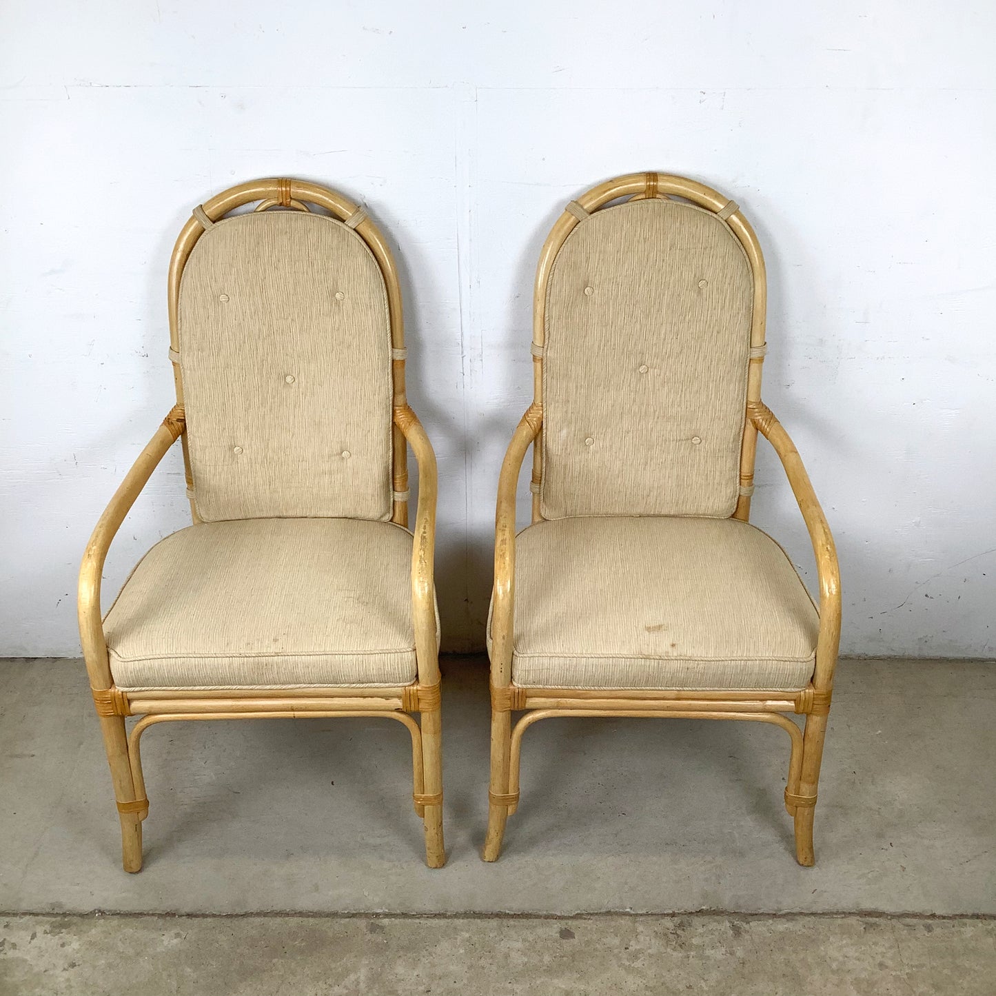 Vintage Henredon Rattan Armchairs, Pair with Cushions, Honey Tone