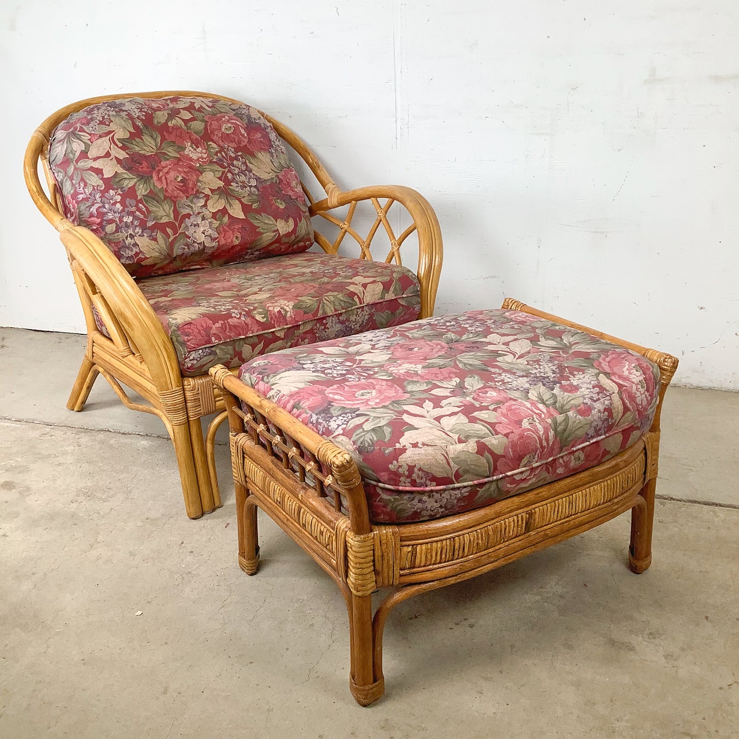 Ficks Reed Style Rattan Lounge Chair and Ottoman | Arched Diamond Lattice Back