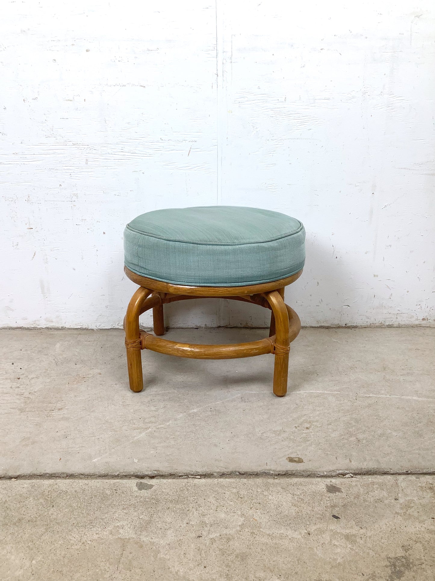 Vintage Rattan Round Ottoman — 1980s Coastal Style, Seafoam Green Upholstery