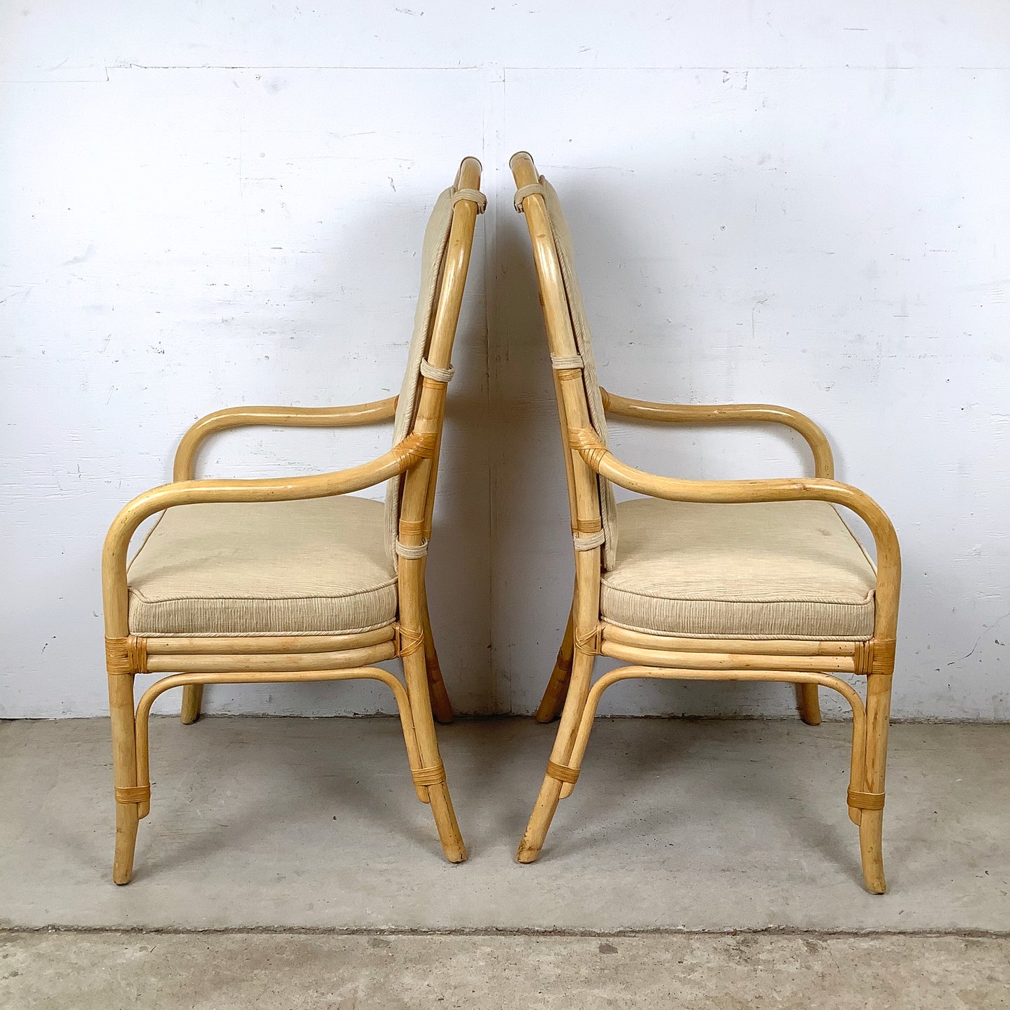 Vintage Henredon Rattan Armchairs, Pair with Cushions, Honey Tone