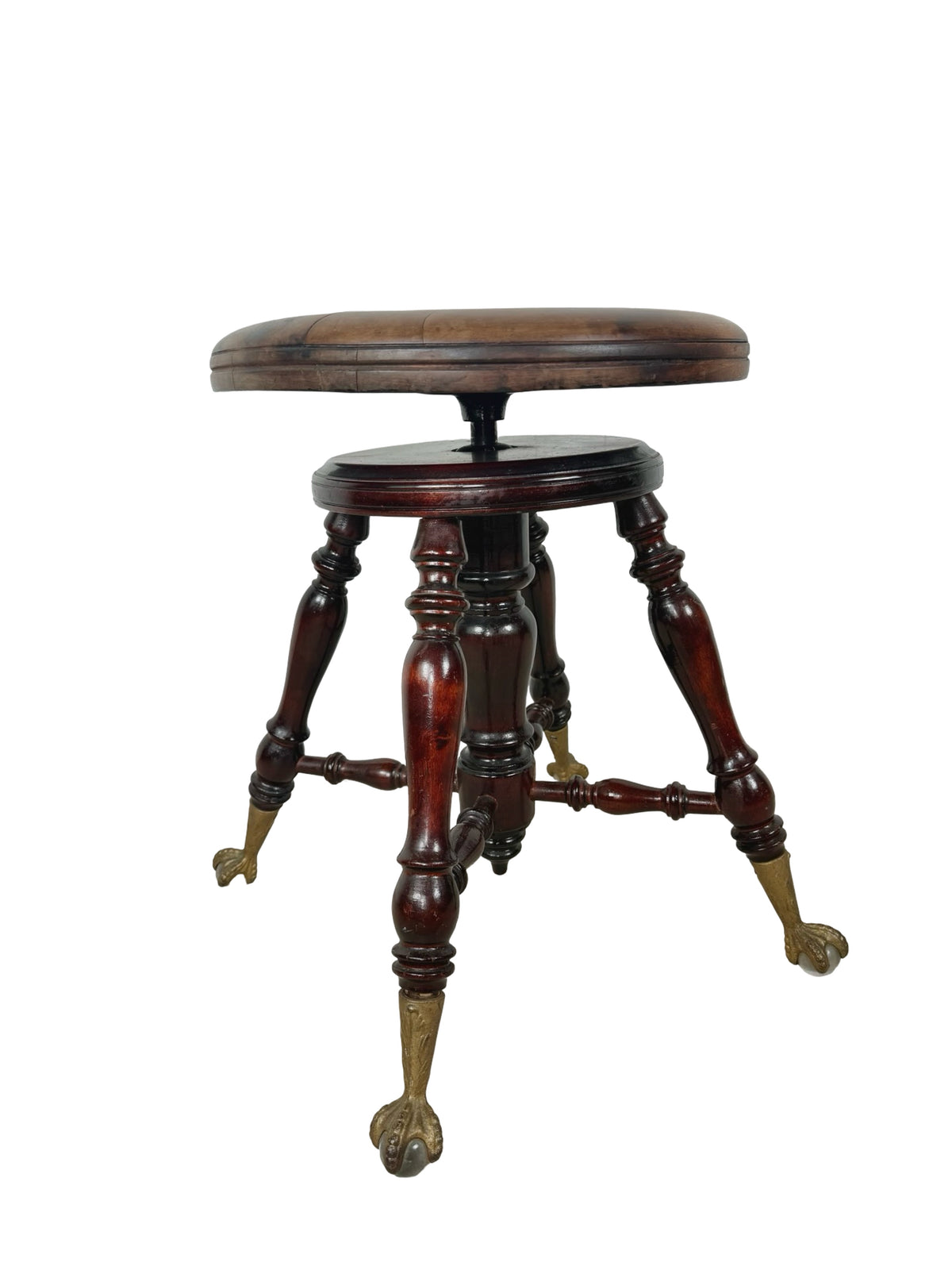 Antique Adjustable Piano Stool with Glass Ball-and-Claw Feet