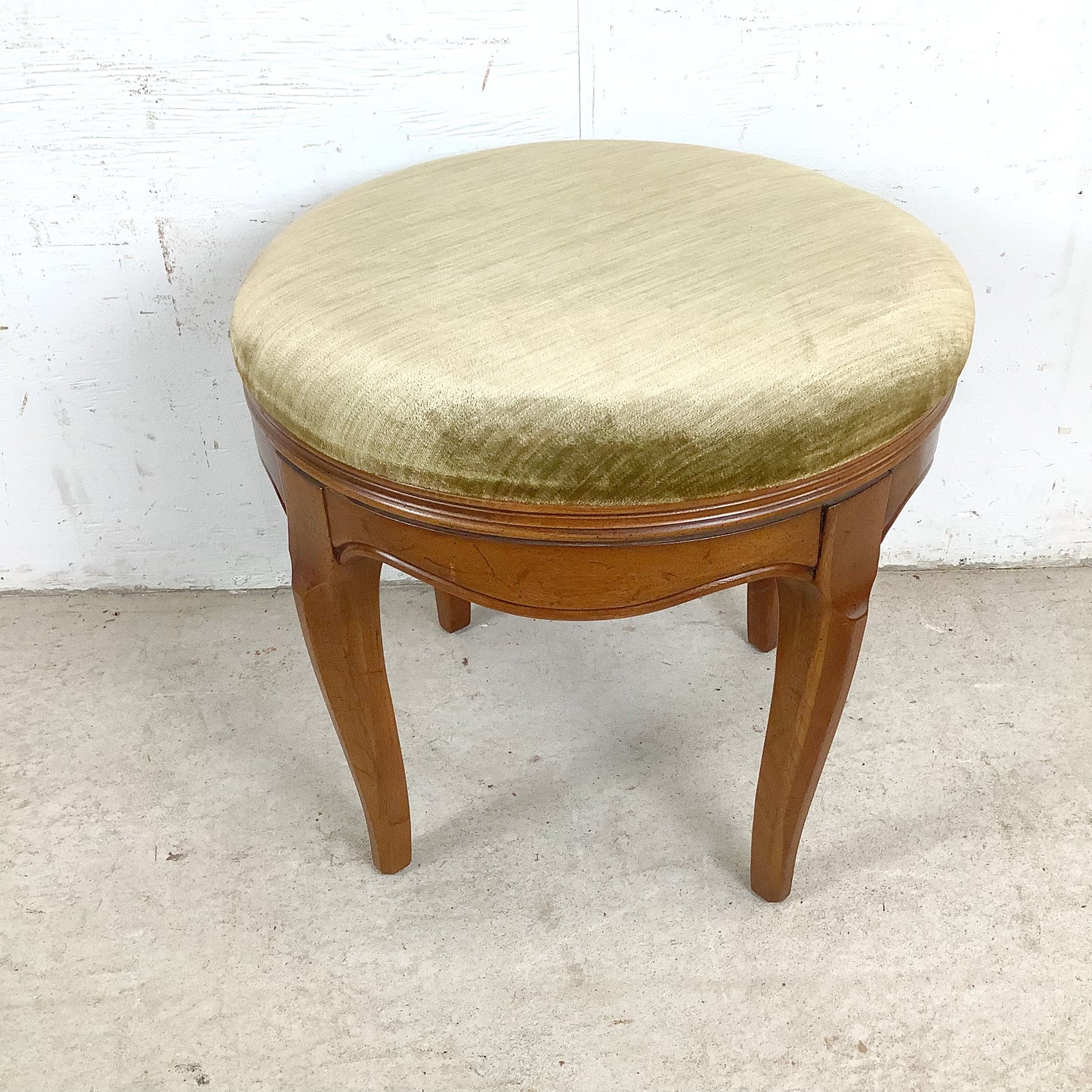 Vintage French Provincial Swivel Stool —Sage Velvet, Cabriole Legs, Mid-Century