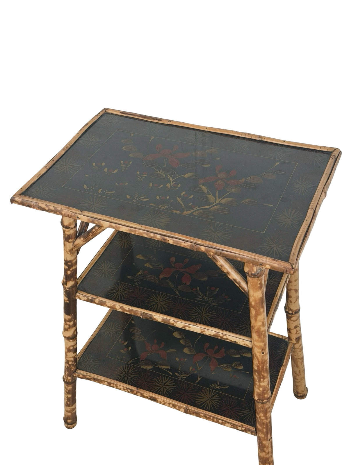 Antique Victorian Aesthetic Movement Tiger Bamboo Three-Tier Side Table with Floral Shelves
