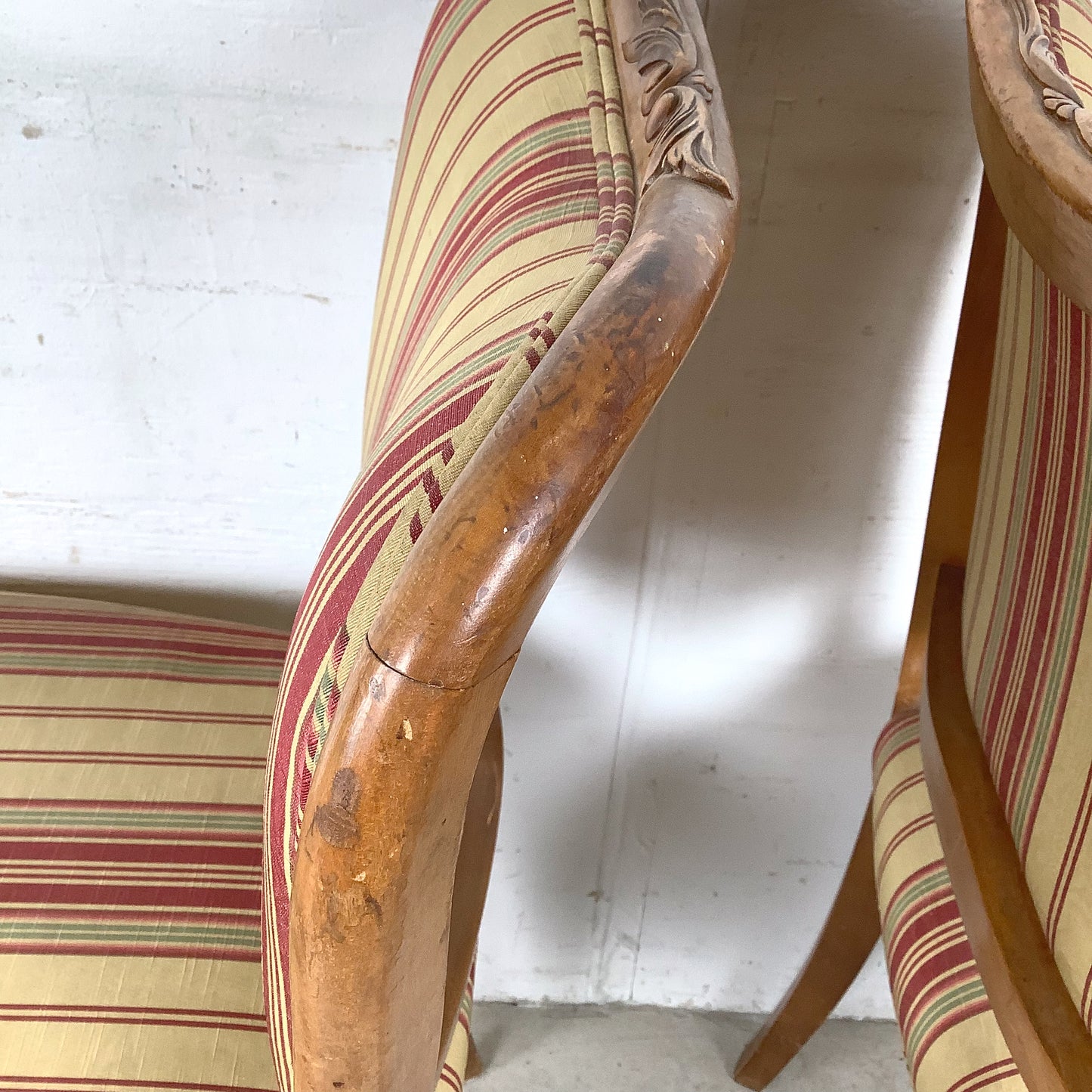 Queen Anne Dining Side Chairs — Set of Four | Walnut Cabriole Legs | Burgundy Stripe Upholstery