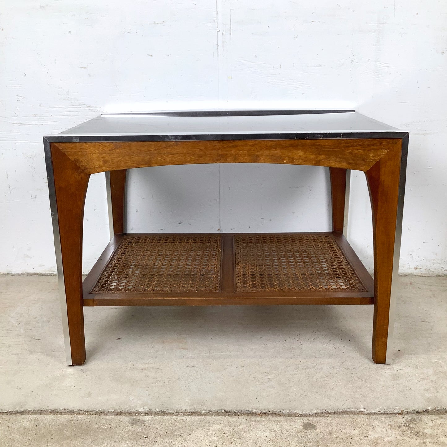 Lane Mid-Century End Table with Smoked Glass, Cane, and Wood Frame