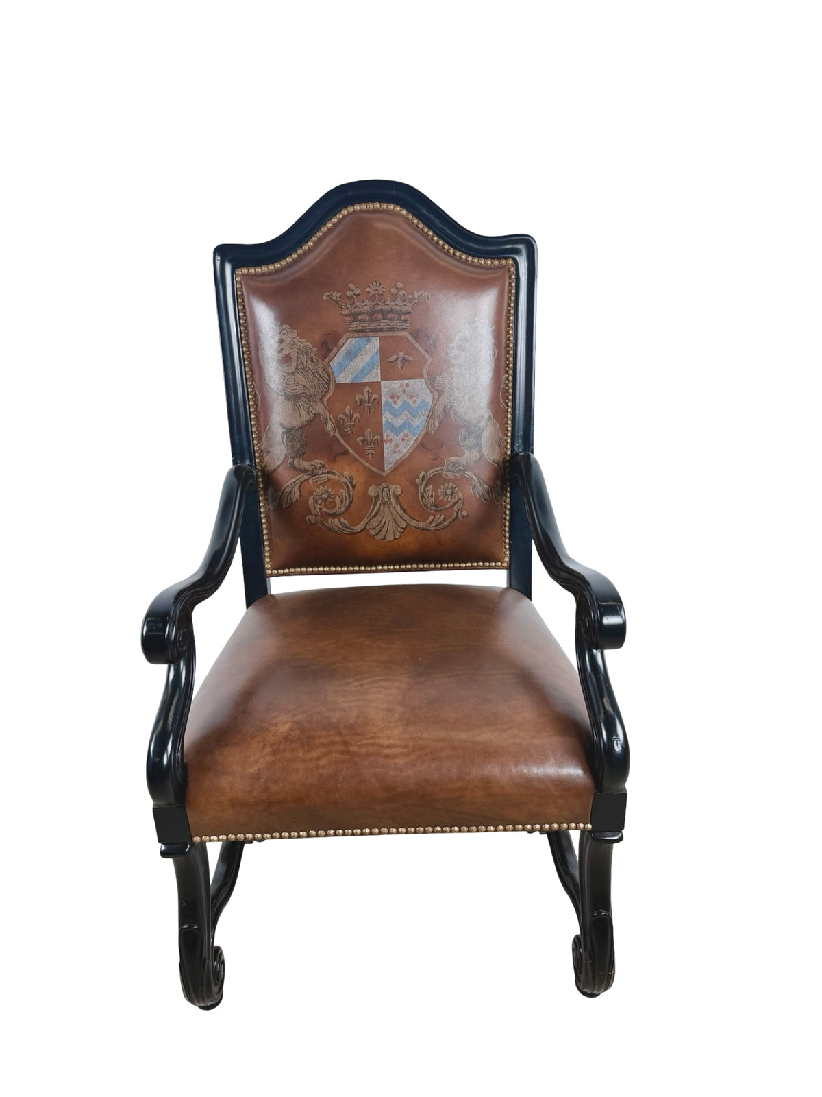 Ferguson Copeland Carved Wood & Leather Crest Armchair