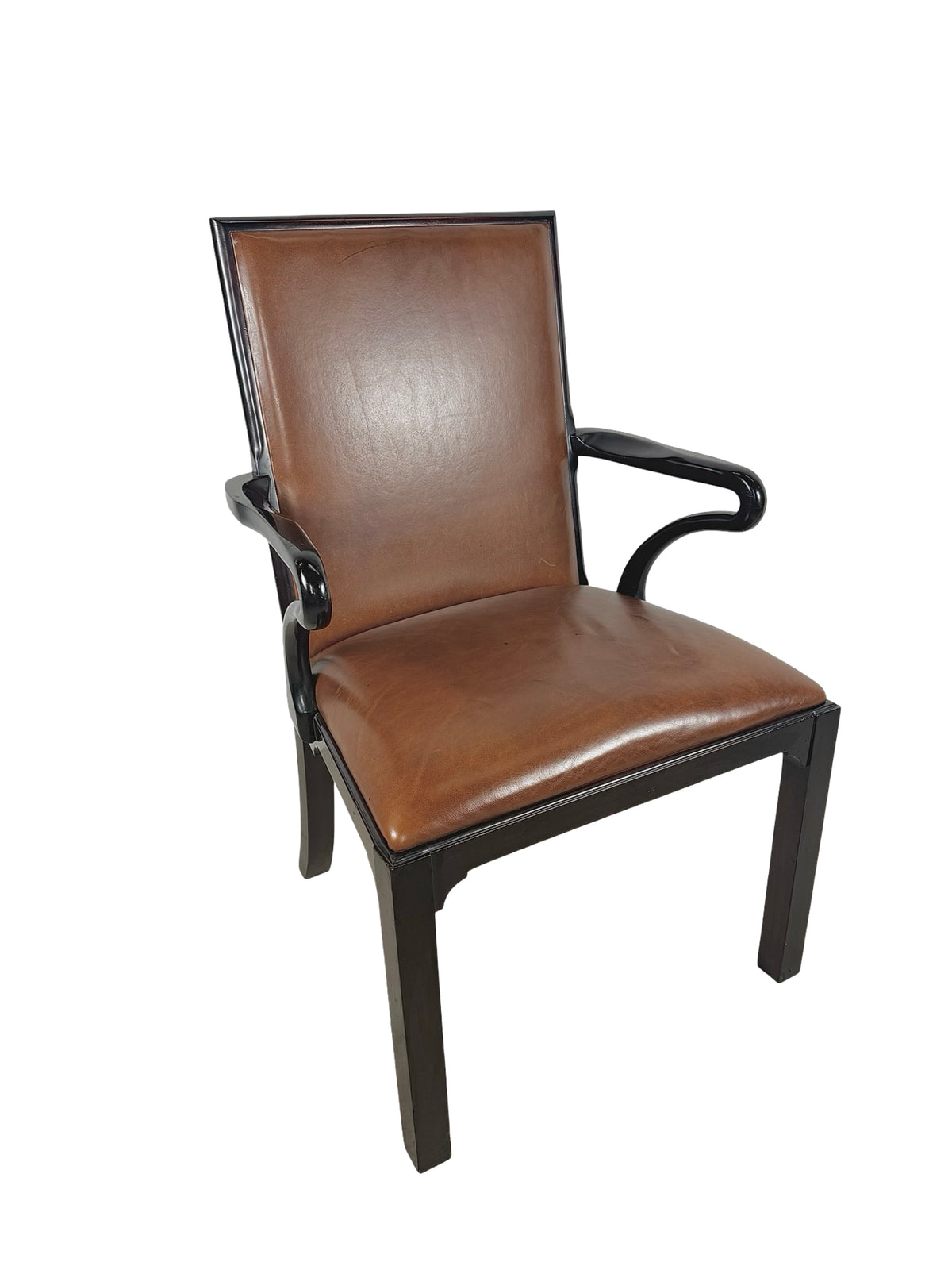 Vintage Baker Furniture Brown Leather & Ebonized Wood Armchair