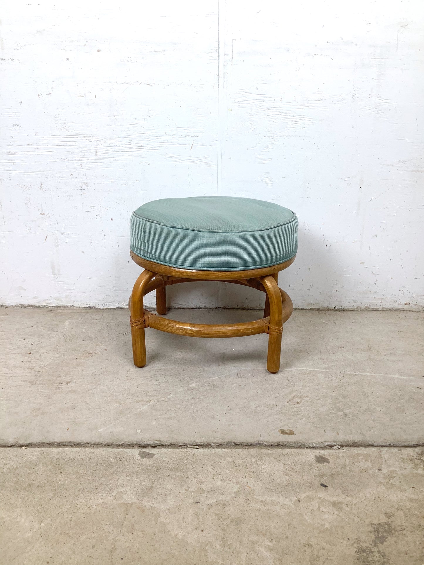 Vintage Rattan Round Ottoman — 1980s Coastal Style, Seafoam Green Upholstery